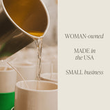 Woman-owned small business soy candle pouring into cup with text overlay