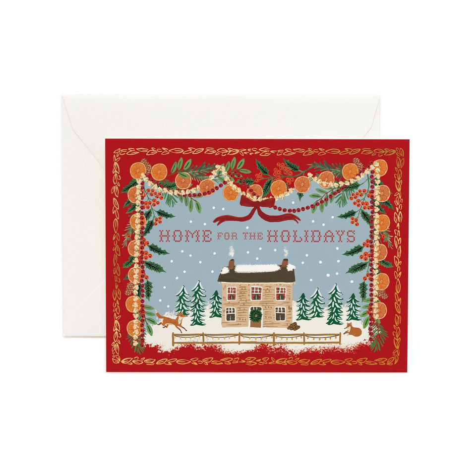 Rifle Paper Co. Home for the Holidays Christmas greeting card with festive red border and snowy house illustration