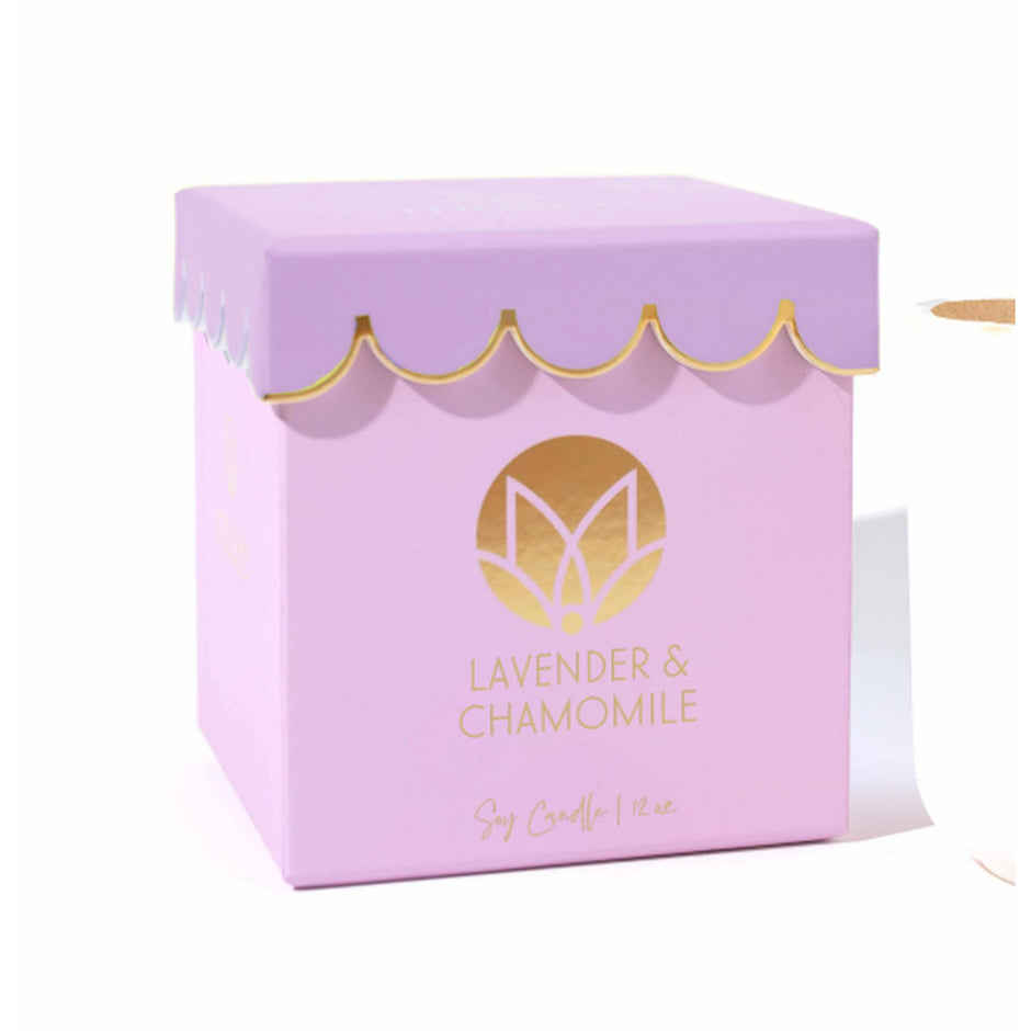 MUSEE Lavender & Chamomile scalloped soy candle in pink packaging with gold accents