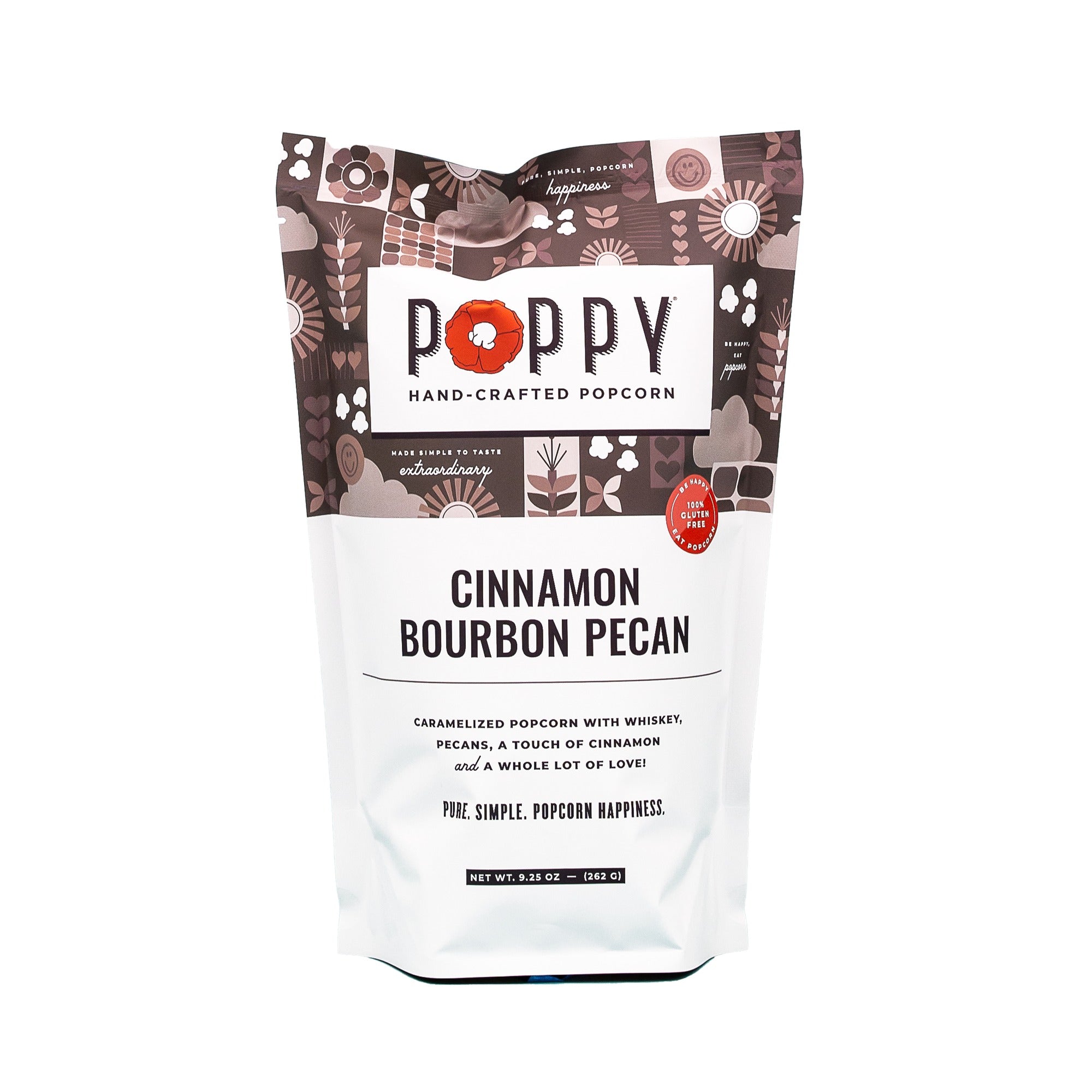 Poppy Cinnamon Bourbon Pecan hand-crafted popcorn 9.25oz bag on white background