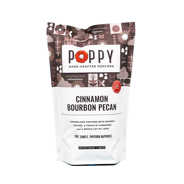 Poppy Cinnamon Bourbon Pecan hand-crafted popcorn 9.25oz bag on white background
