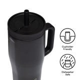 Corkcicle Cruiser tumbler in black with straw lid and handle, top view