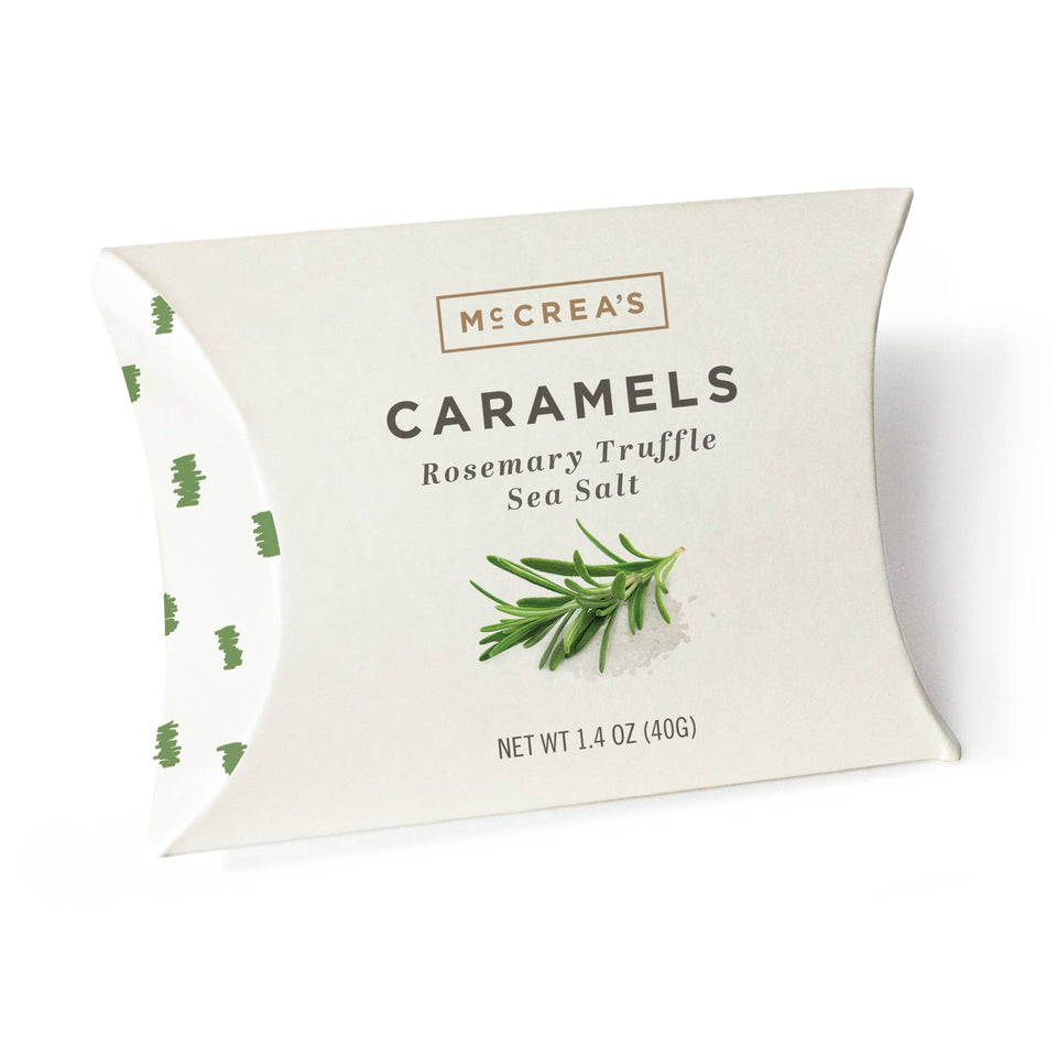 McCrea's Rosemary Truffle Sea Salt Caramels in cream pillow box packaging, 1.4 oz