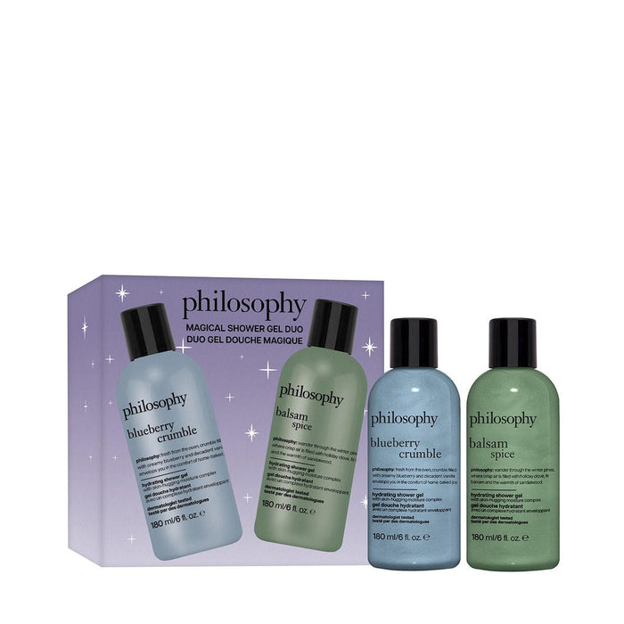 Philosophy Magical Shower Gel Duo gift box with Blueberry Crumble and Balsam Spice bottles