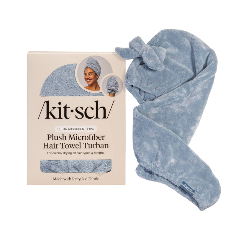KITSCH | Plush Microfiber Hair Towel Turban with Bow - Coastal Blue