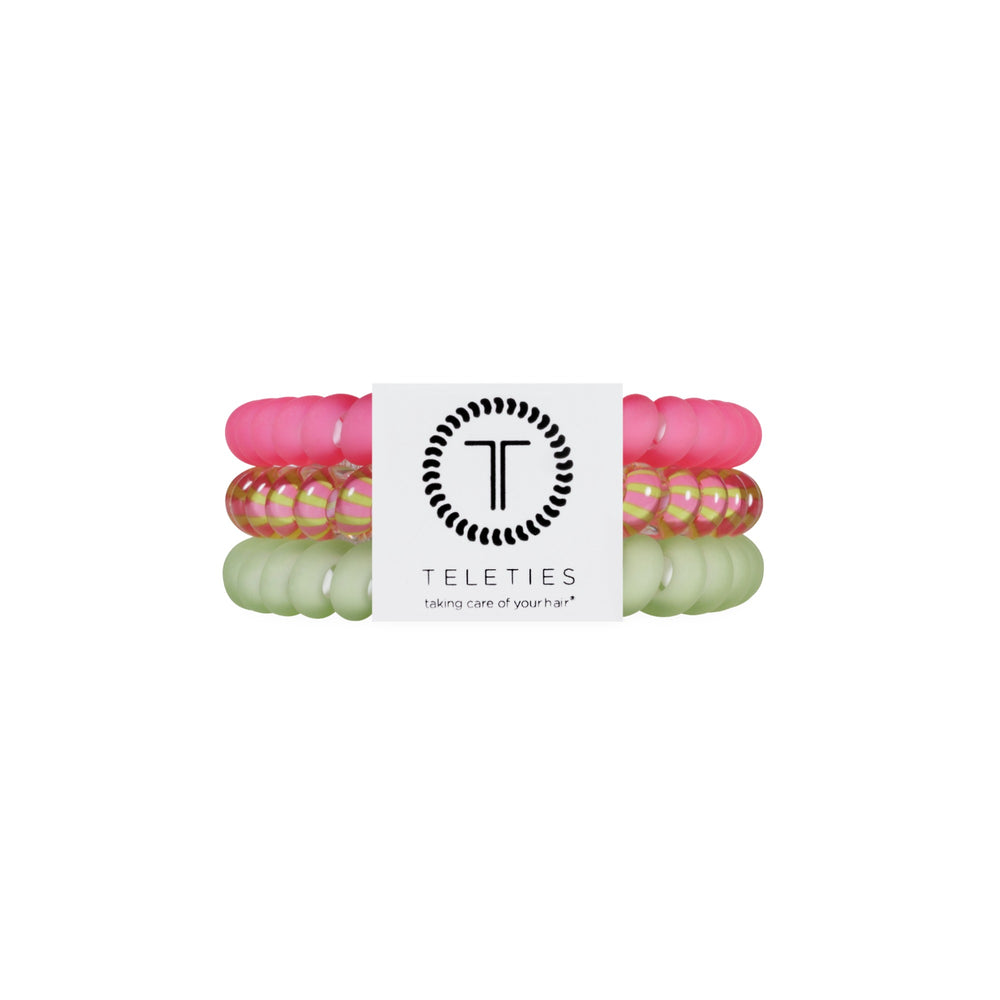 TELETIES Summer Crush Small Hair Ties in pink, gold striped, and green coils with branded packaging