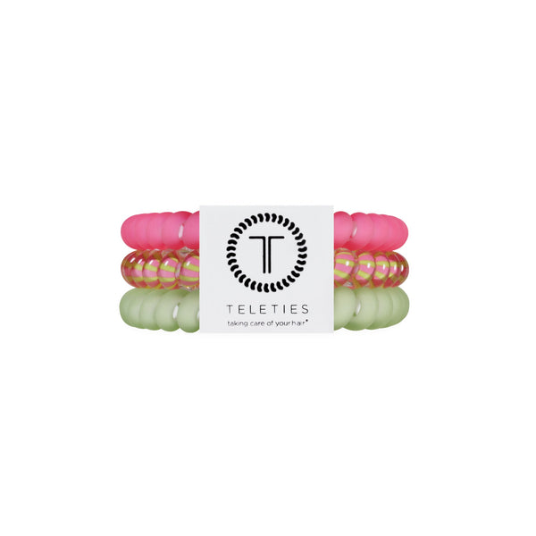 TELETIES Summer Crush Small Hair Ties in pink, gold striped, and green coils with branded packaging