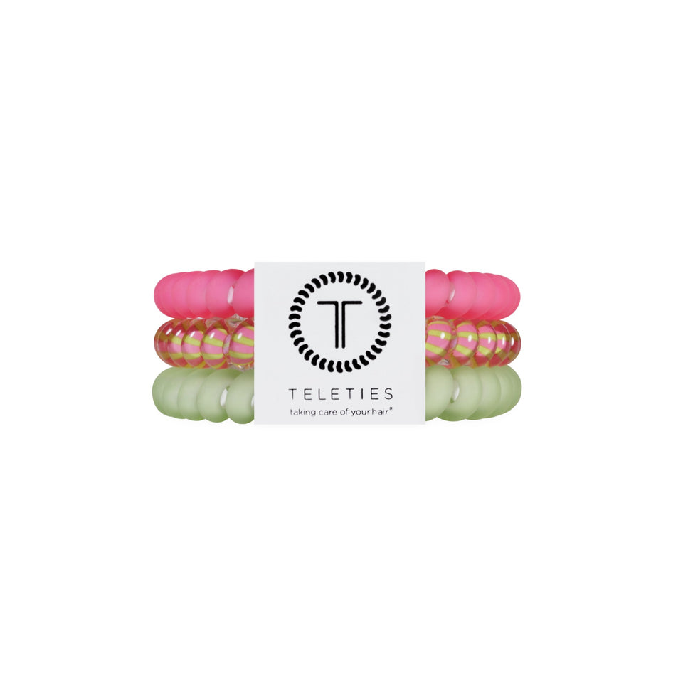 TELETIES Summer Crush Small Hair Ties in pink, gold striped, and green coils with branded packaging