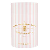 Gold foil Mahjong Social Club stemless wine glass with pink striped packaging box