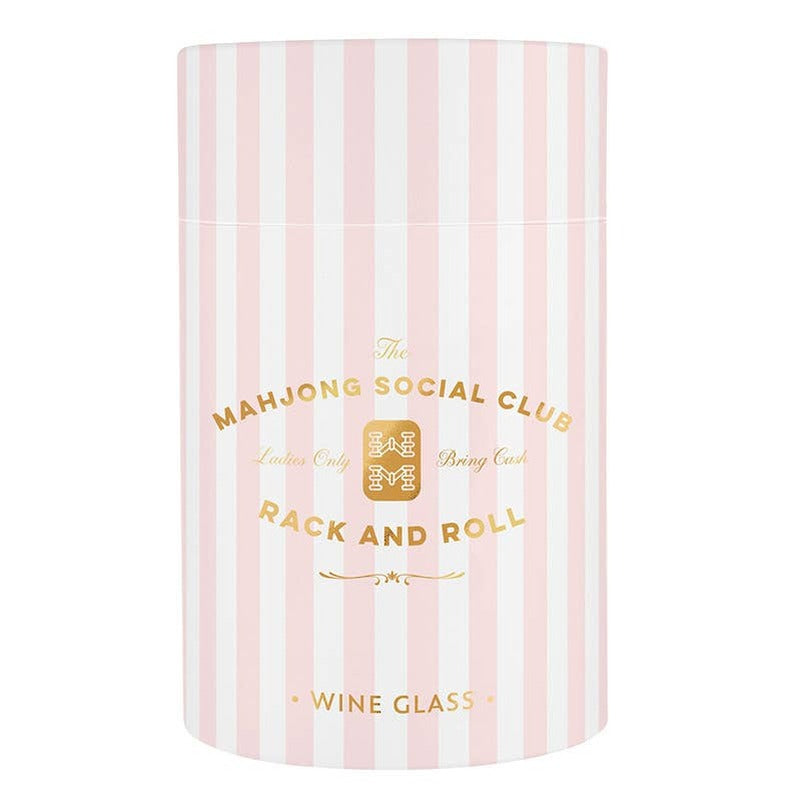 Gold foil Mahjong Social Club stemless wine glass with pink striped packaging box