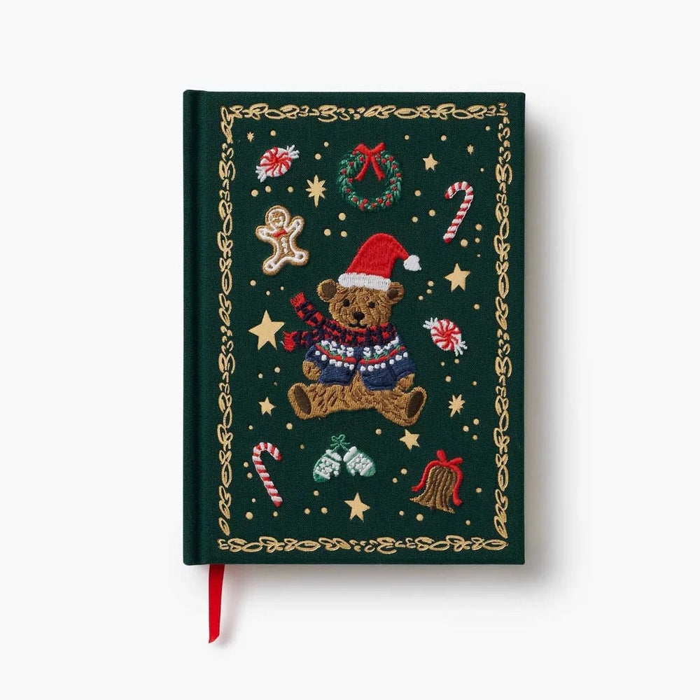 Rifle Paper Co. Beary Christmas embroidered journal with green cover, festive teddy bear design, and gold border details