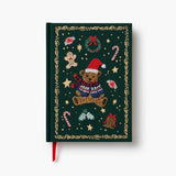Rifle Paper Co. Beary Christmas embroidered journal with green cover, festive teddy bear design, and gold border details