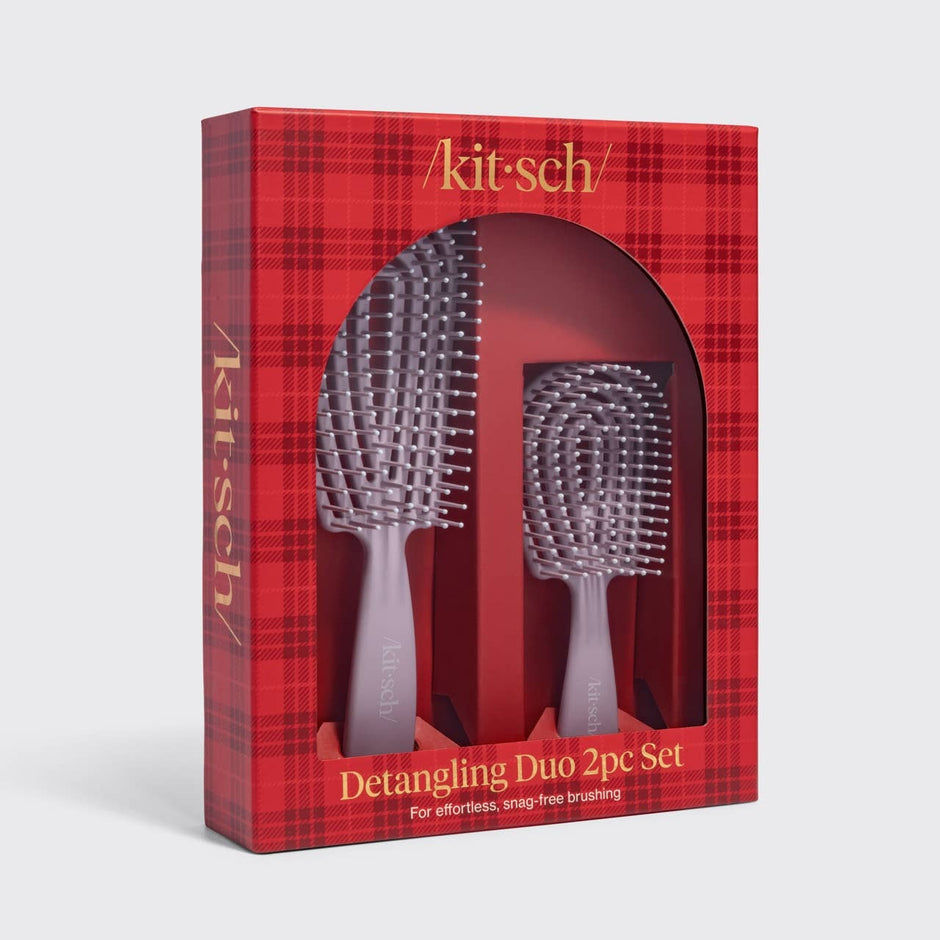 Kitsch Detangling Duo 2pc Set in soft violet with two paddle brushes in packaging