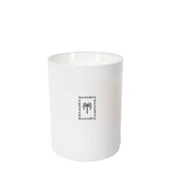 White candle with a brand logo on a white background