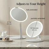 Adjustable LED mirror showing fully extended and partially extended positions with 13" height and 7.9" diameter measurements