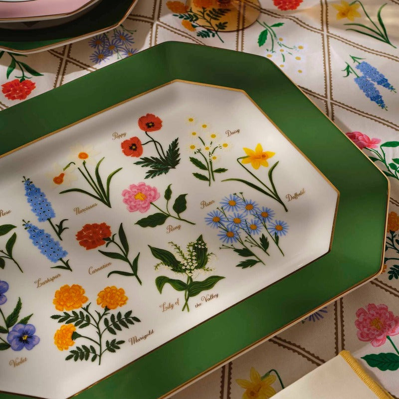 Rifle Paper Co Garden Study porcelain serving platter with floral designs displayed on patterned tablecloth