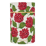 Wine glass in cylindrical tube packaging featuring red hydrangea floral design with green leaves