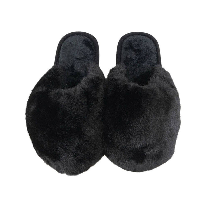 Black faux fur jumbo slippers for women viewed from above on white background