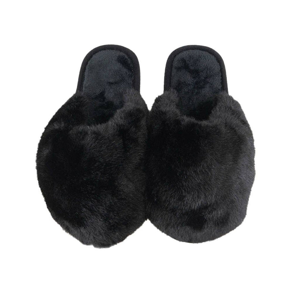 Black faux fur jumbo slippers for women viewed from above on white background