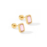 Gold screwback stud earrings with pink rectangular gemstones and decorative beaded borders