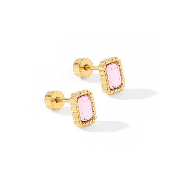 Gold screwback stud earrings with pink rectangular gemstones and decorative beaded borders