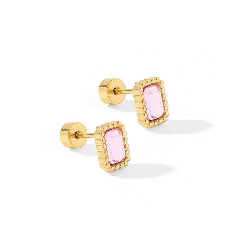 Gold screwback stud earrings with pink rectangular gemstones and decorative beaded borders