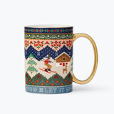 Rifle Paper Co. Ski Chalet porcelain mug with gold handle featuring winter holiday knit pattern design