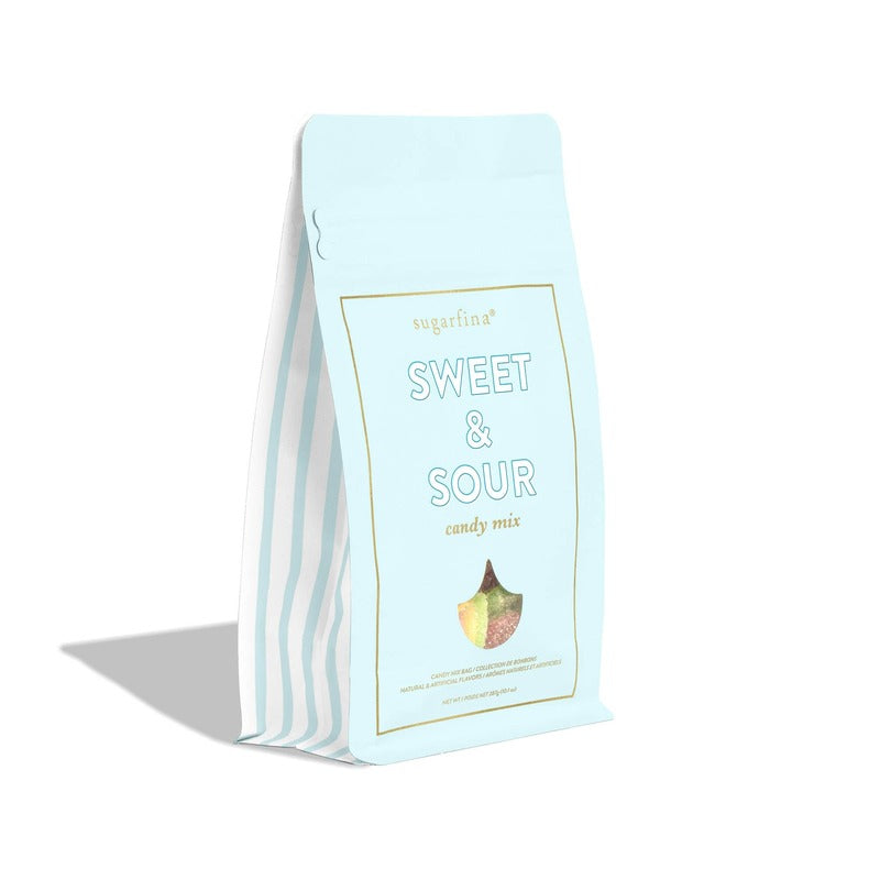 Sugarfina Sweet & Sour Candy Mix bag with light blue packaging and gold accents on white background