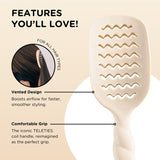 TELETIES Vented Hair Brush tan with feature callouts showing vented design and comfortable grip
