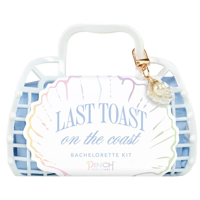 PINCH PROVISIONS Last Toast on the Coast Bachelorette Kit with pearl charm, white handles and blue plaid design