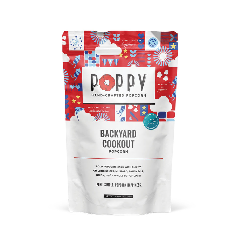 POPPY Backyard Cookout hand-crafted popcorn 2.6oz bag with red patriotic design on white background