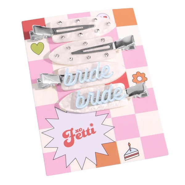 XO, FETTI bride beauty clips pearl hair accessories set with product branding and decorative elements