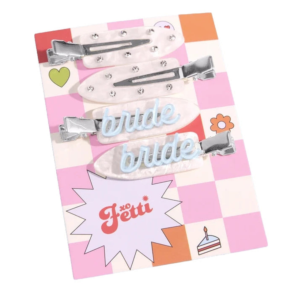 XO, FETTI bride beauty clips pearl hair accessories set with product branding and decorative elements