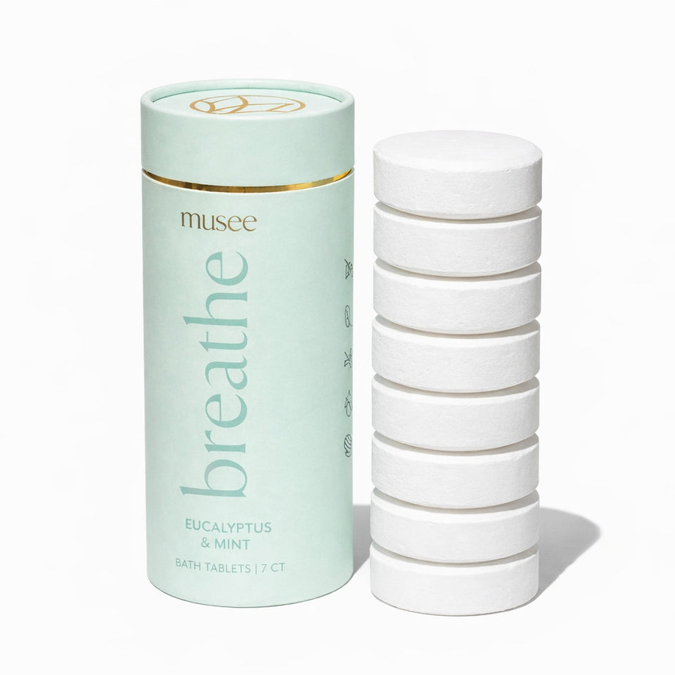 Musee Breathe Eucalyptus & Mint bath tablets - 7 count cylinder with stacked white tablets