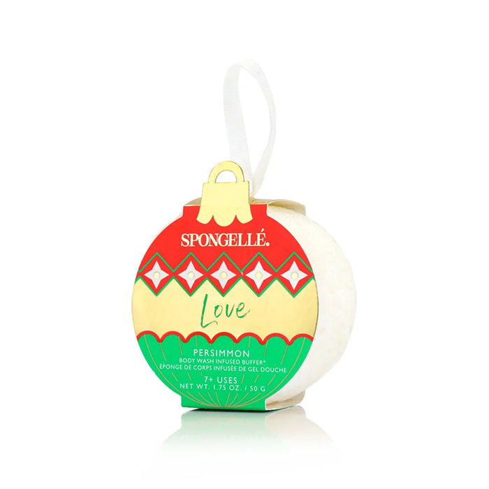 Spongellé Love Persimmon Holiday Ornament body wash infused buffer, red, cream and green ornament package with white ribbon hanger
