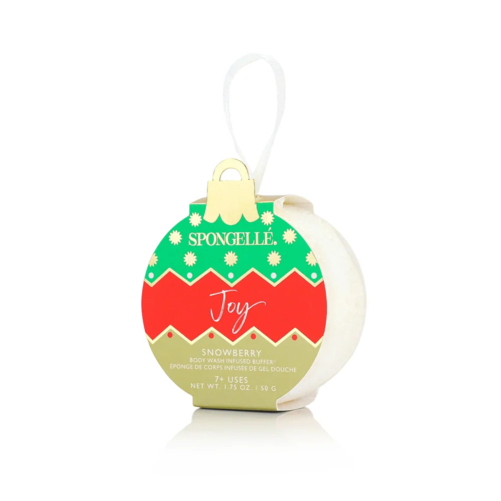 Spongellé Joy Snowberry Holiday Ornament body wash infused buffer, green, red and gold ornament package with white ribbon hanger