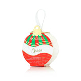 Spongellé Cheer Sugar Fig Holiday Ornament body wash infused buffer, red, white and green striped ornament package with white ribbon hanger