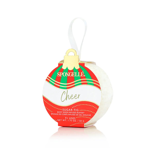 Spongellé Cheer Sugar Fig Holiday Ornament body wash infused buffer, red, white and green striped ornament package with white ribbon hanger