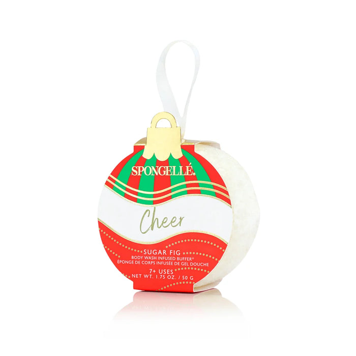 Spongellé Cheer Sugar Fig Holiday Ornament body wash infused buffer, red, white and green striped ornament package with white ribbon hanger