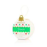 Spongellé Peace Winter Pear Holiday Ornament body wash infused buffer, white and green ornament package with red and green diamond accents with white ribbon hanger