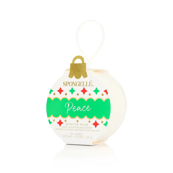 Spongellé Peace Winter Pear Holiday Ornament body wash infused buffer, white and green ornament package with red and green diamond accents with white ribbon hanger