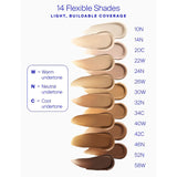 Shade chart with 14 flexible makeup shades on a white background