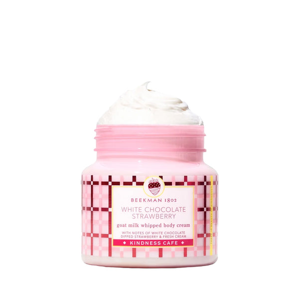 Jar of pink plaid White Chocolate Strawberry goat milk whipped body cream with a swirl of whipped cream on top