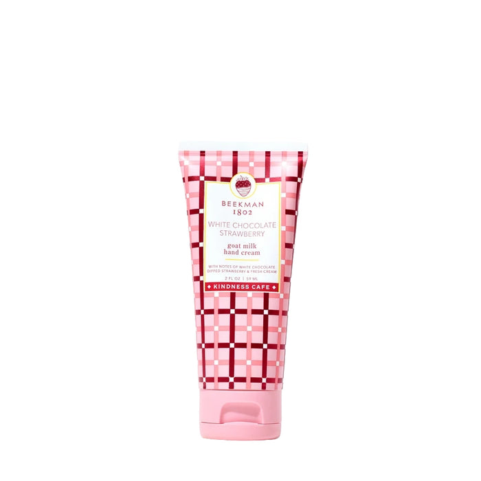 Pink plaid White Chocolate Strawberry goat milk hand cream tube standing on a white background