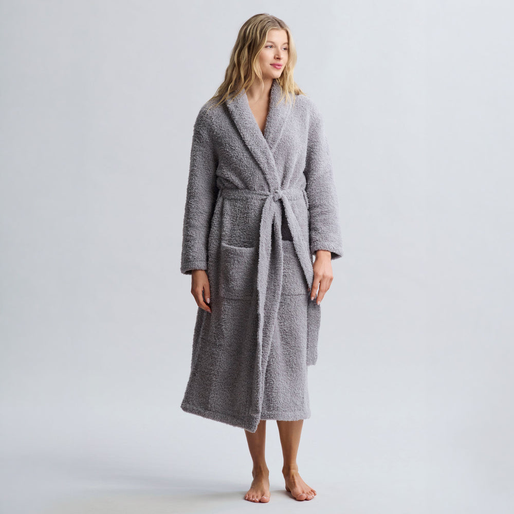 dove gray, plush calf length robe