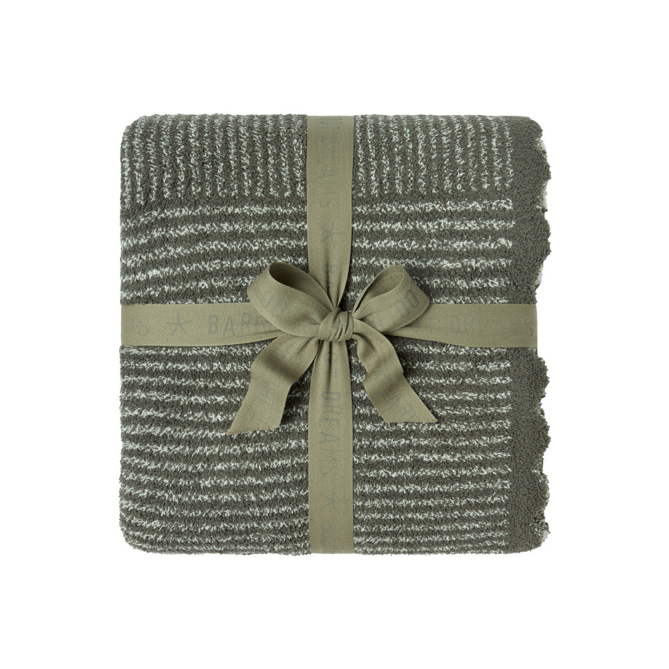 CozyChic Scallop Stripe Throw in Olive Branch / Cream, folded and tied with a ribbon bow