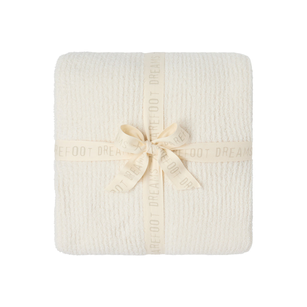 CozyChic Rib Blanket Stitch Throw in Cream / Java, folded and tied with a ribbon bow