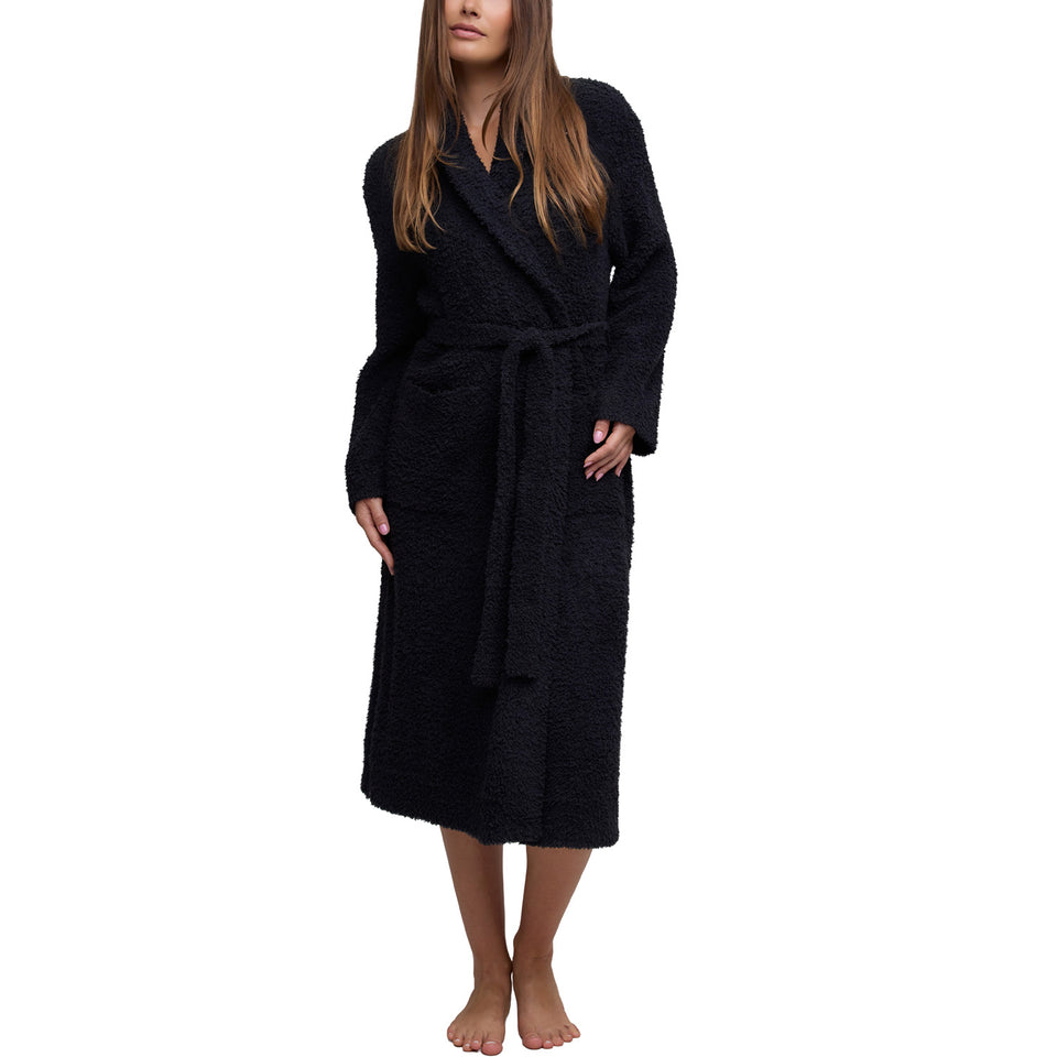 Model wearing the Skull and Bones Robe in Black, front view