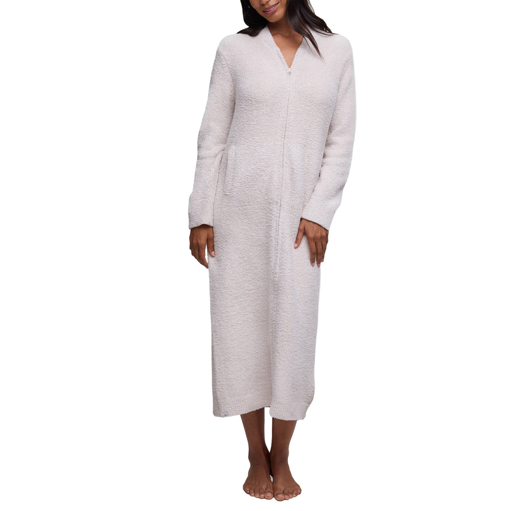 Model wearing the Full Zip V-Neck Lounger in Stone, front view