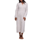 Model wearing the Full Zip V-Neck Lounger in Stone, front view
